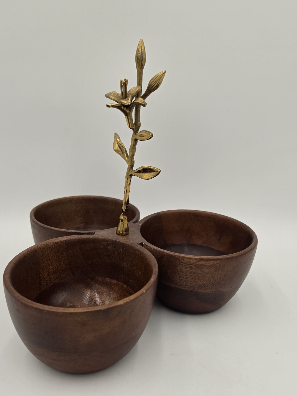 Three‑Bowl Wooden Serving Dish